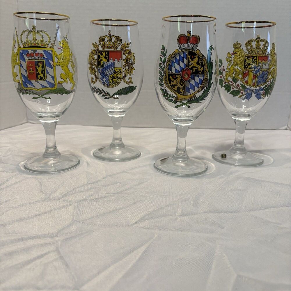 Bockling Family Crest Wine Glasses/Goblets (4), Germany 7.25" 12oz, Gold Rim